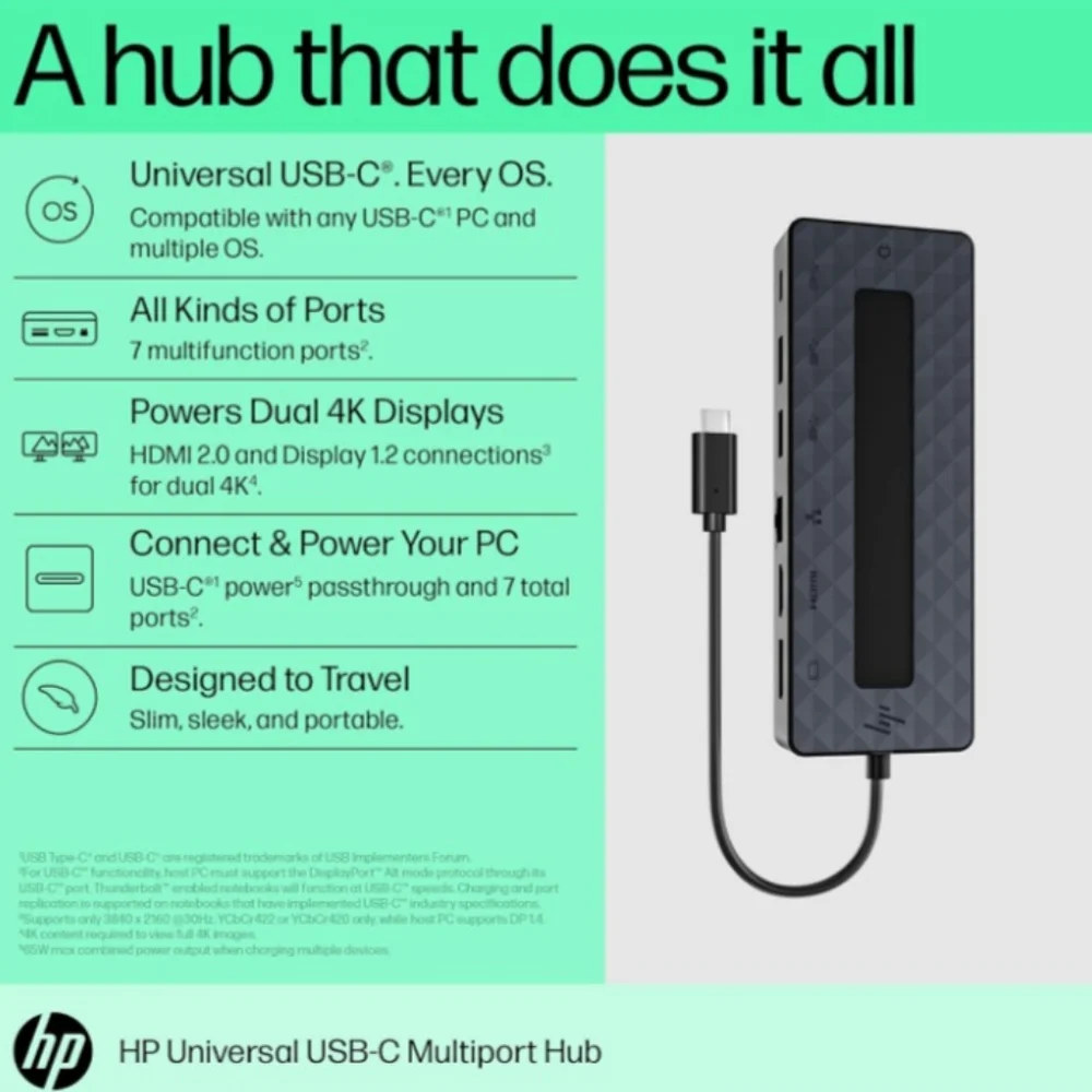 HP Universal USB-C Multiport Travel Hub HDMI, Ethernet, 4K, DP Dual, USB-C Port